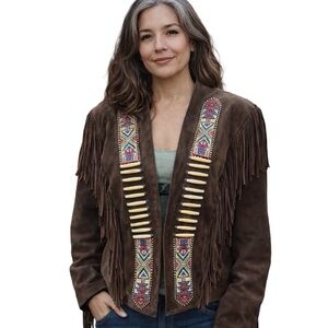 Vintage Tony Lama Brown Suede Fringe Jacket Beaded Western USA Women's 12